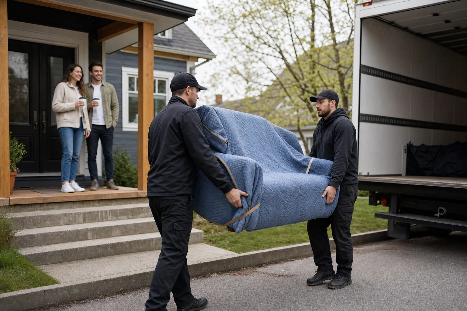 Two movers carrying a wrapped armchair to the truck while the couple watches from the porch