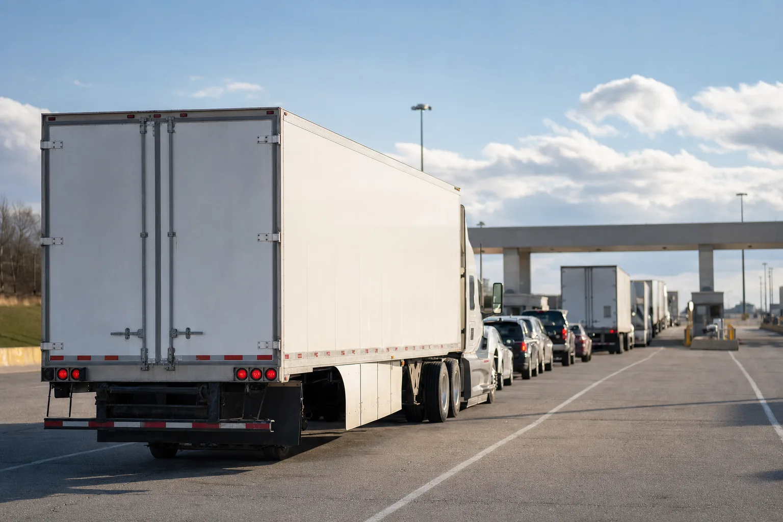 Moving truck waiting in the queue at a Canada–United States land border crossing