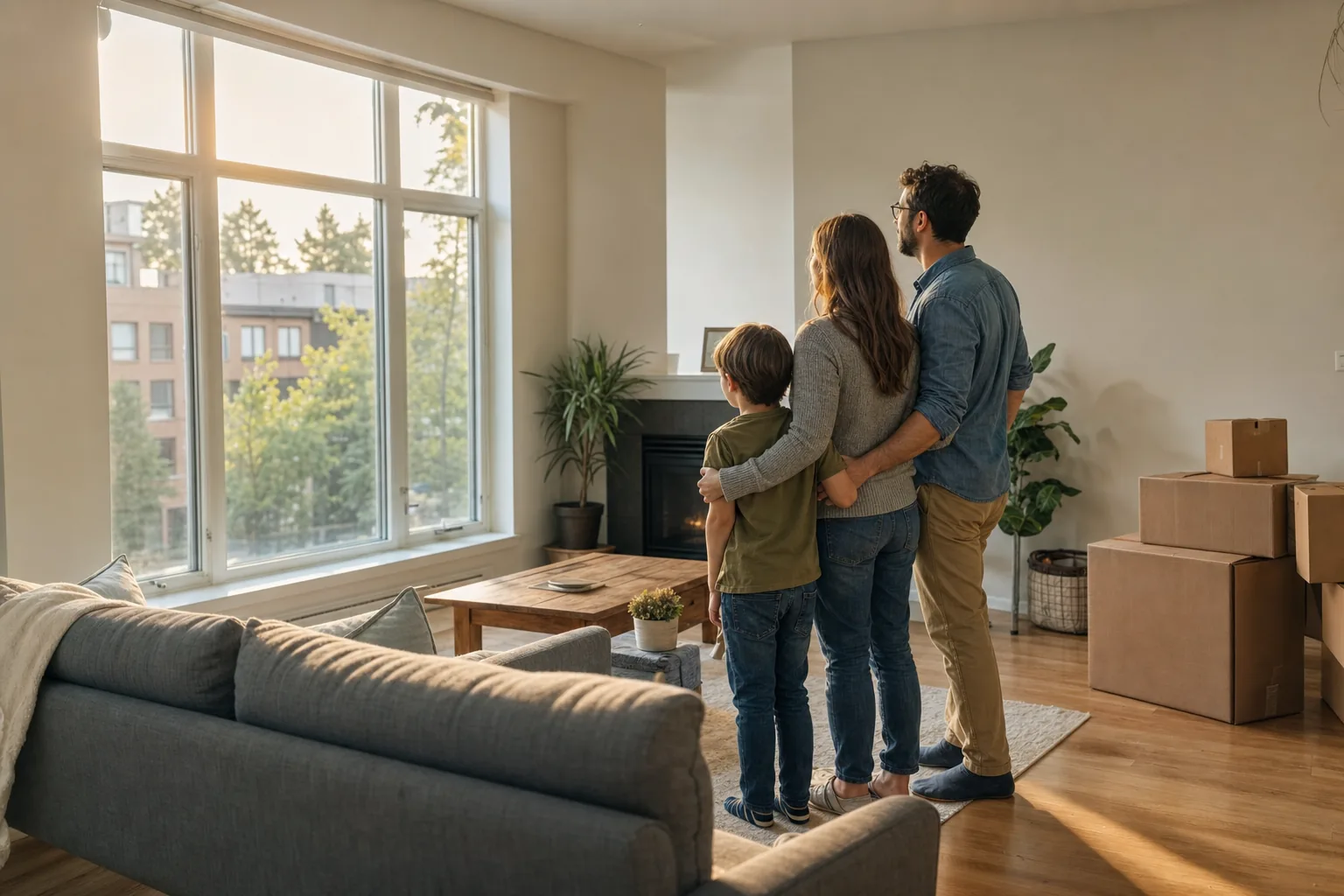 Family standing together in the living room of their new home at golden hour