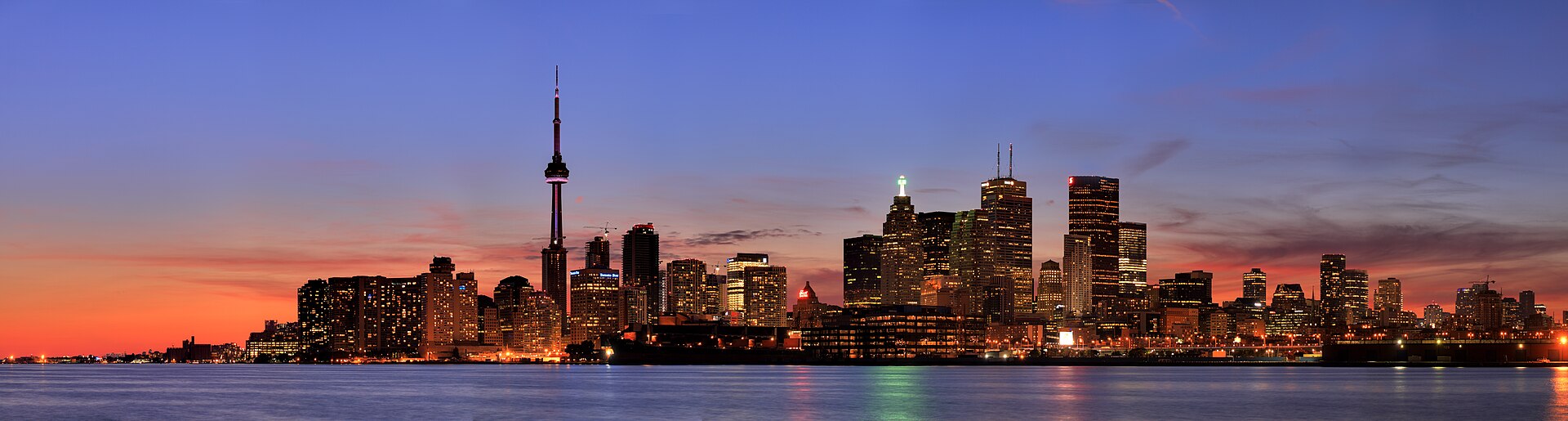 Toronto skyline at sunset over Lake Ontario