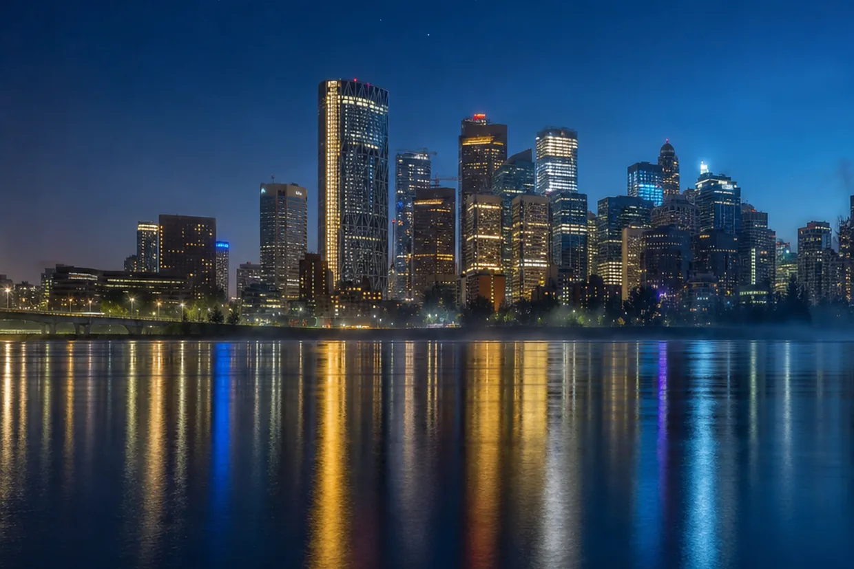 A Canadian urban skyline - its glass towers mirrored in a calm river - glows at blue hour, evoking the northern cities at the