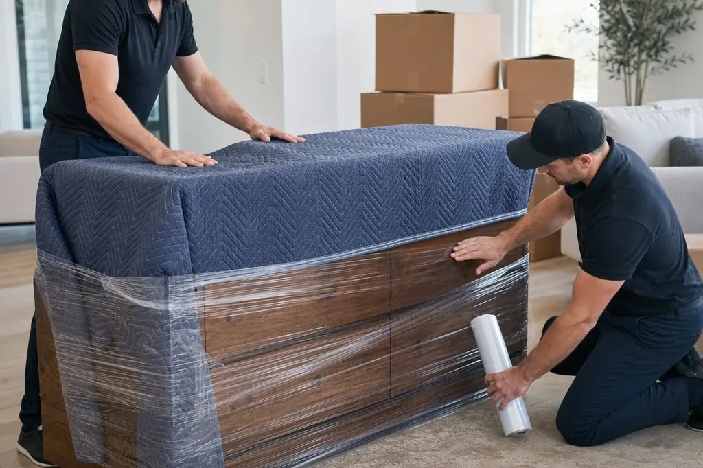 Professional movers padding and wrapping furniture before a California to Canada long-distance move