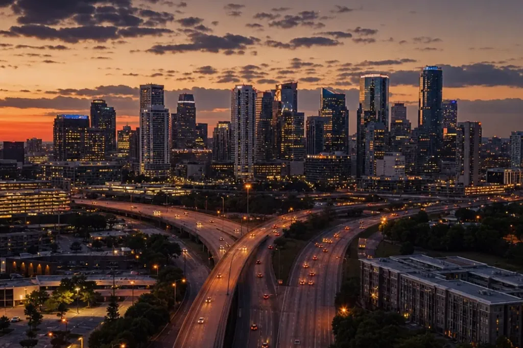 Los Angeles skyline at dusk representing the California end of the California to Canada moving corridor