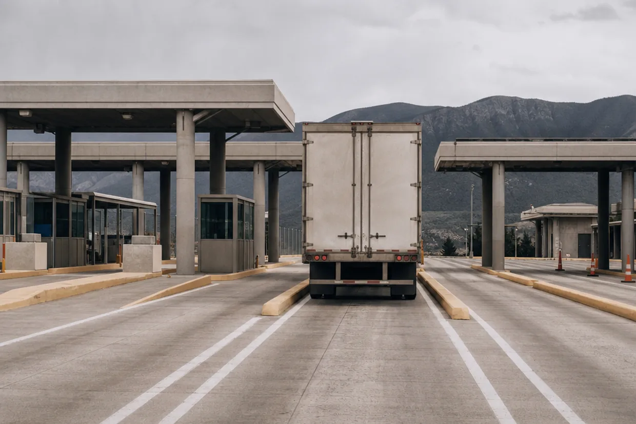 Low concrete border-crossing infrastructure at the Vermont-Quebec boundary, the most-used overland entry point on the