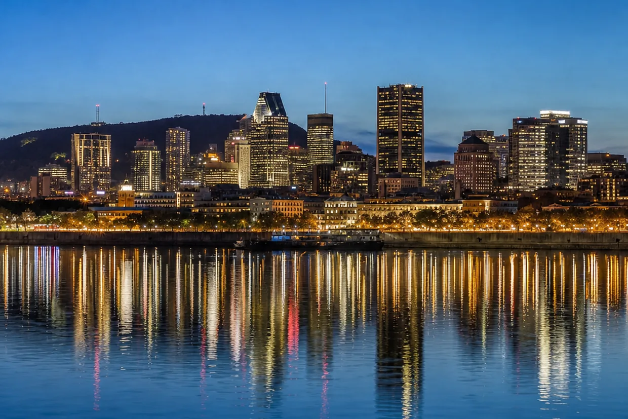 The Montreal skyline rising above the St. Lawrence River at dusk, the far-end destination for moves originating in