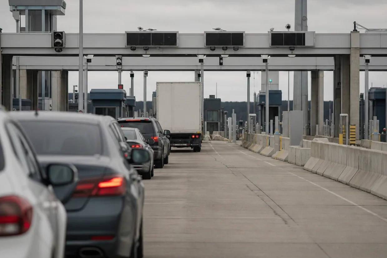 A lane of vehicles waiting at a Canada-US land border crossing plaza under flat overcast light, documentary and unglamorous.