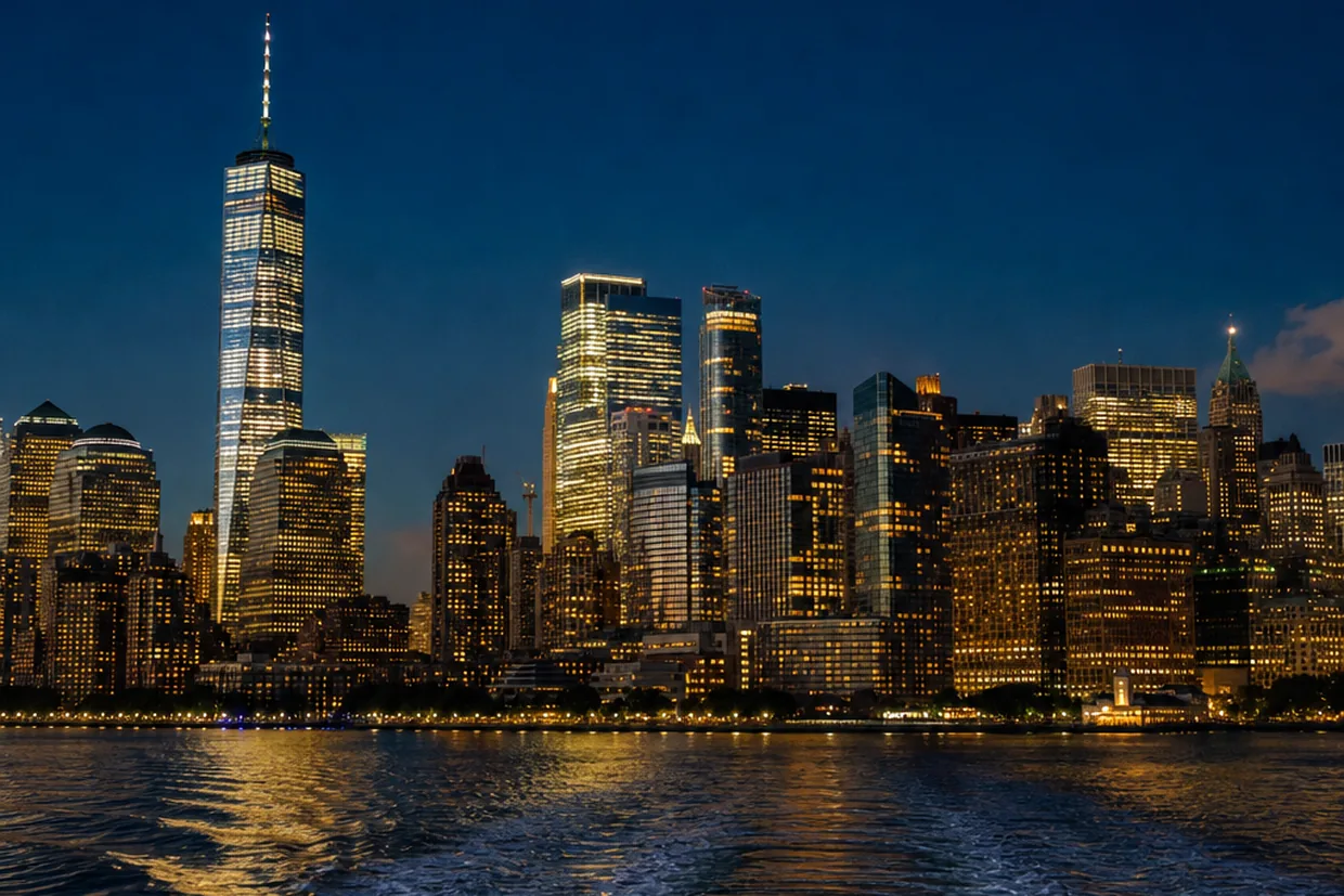 The Lower Manhattan skyline reflected on the Hudson River at blue hour, the recognisable endpoint of a Toronto-to-New York