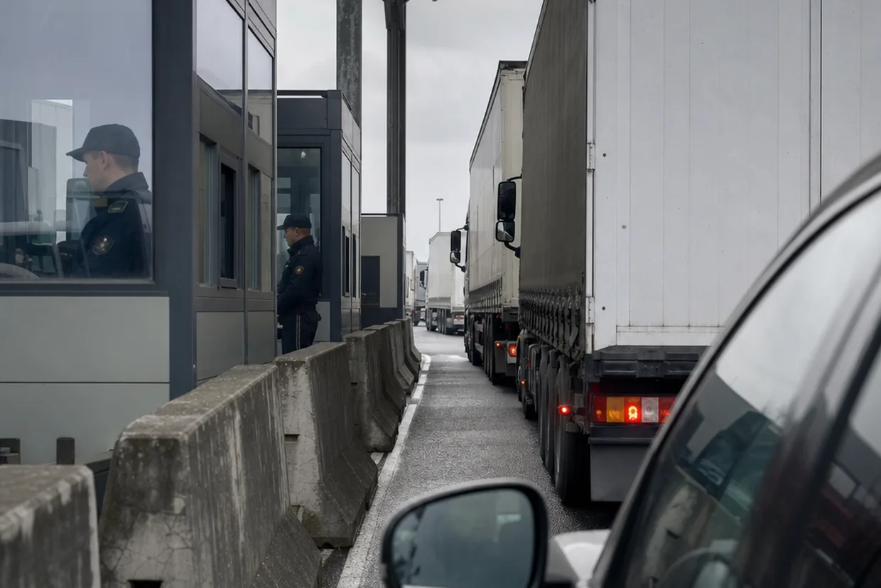 A commercial vehicle lane at a US-Canada land border crossing on an overcast morning, documentary and unglamorous.