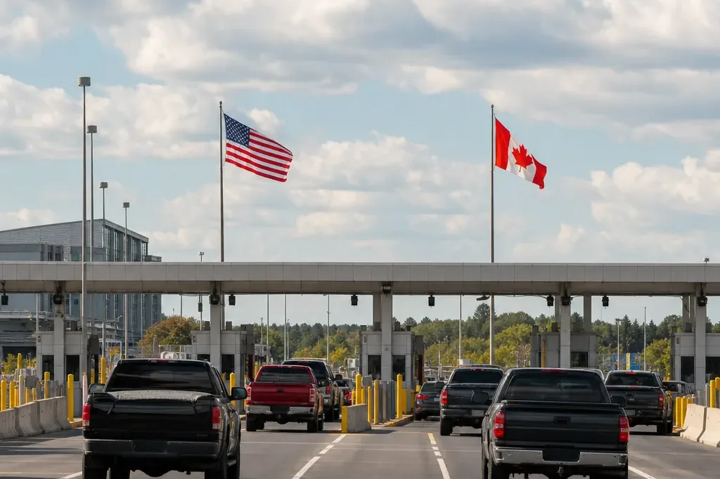 US-Canada border crossing point on the Houston to Montreal route showing inspection lanes under a clear sky