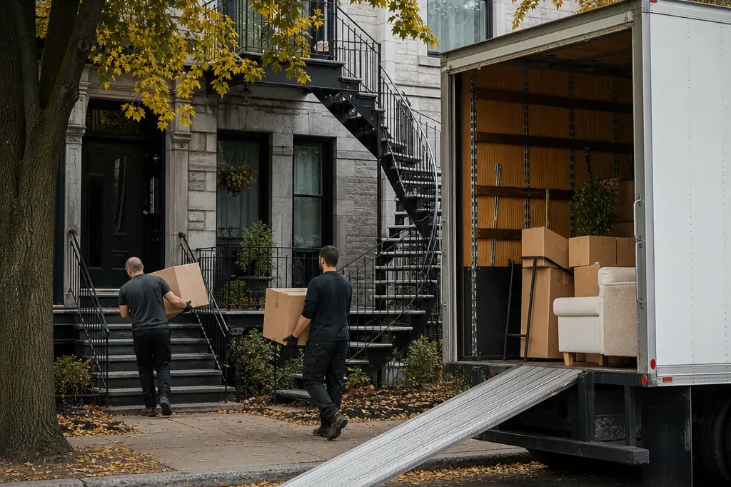Moving truck parked outside a Montreal duplex during delivery on a cross-border move from Houston