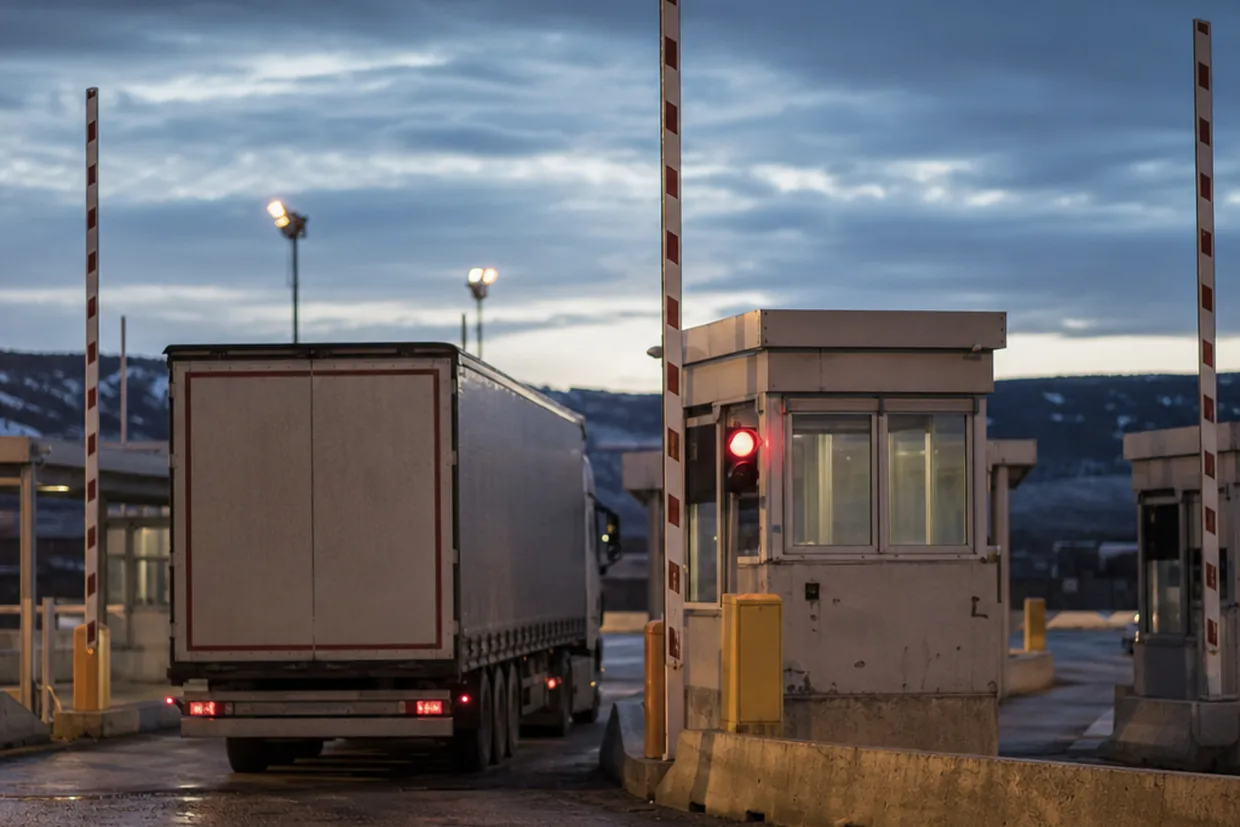 Concrete lanes and barrier arms at a Canada-US land border crossing at dusk, documentary and unglamorous