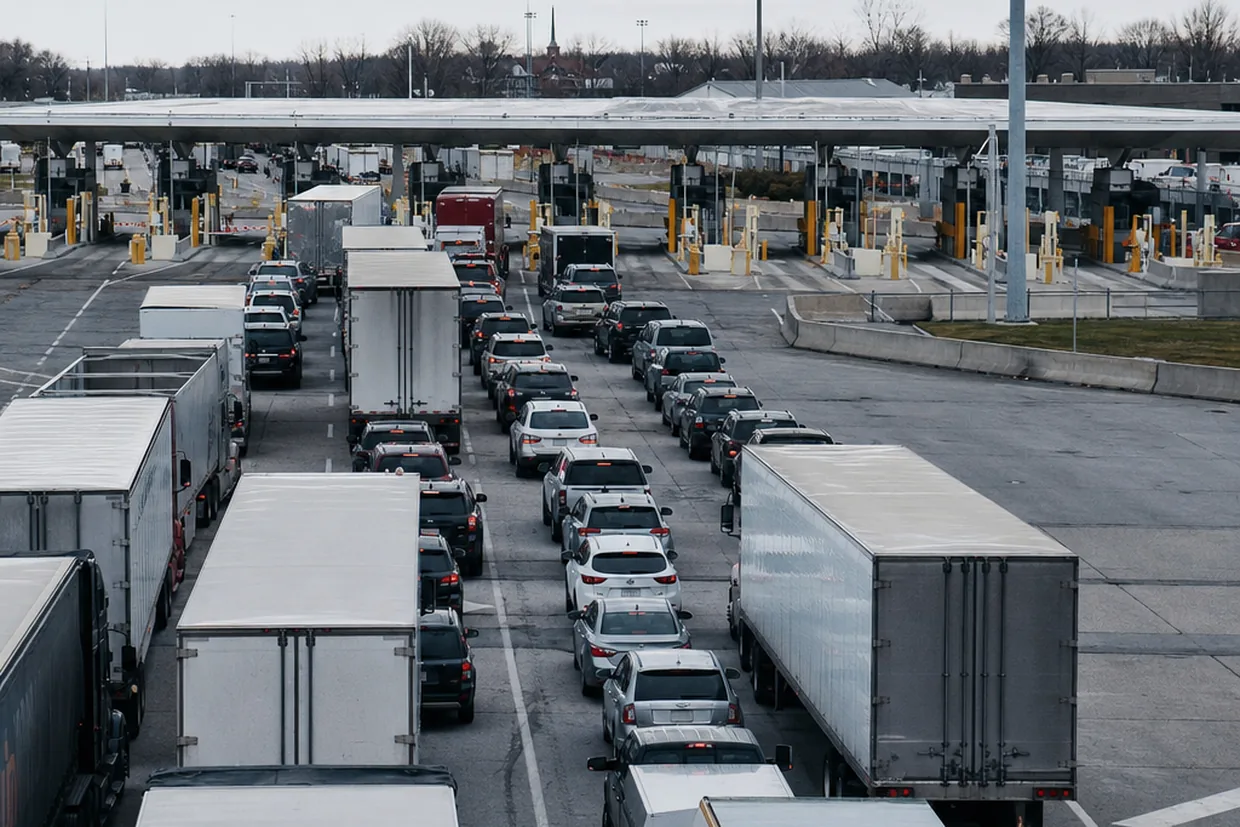 A busy international land border crossing plaza photographed in flat documentary light, lanes of vehicles waiting beneath the