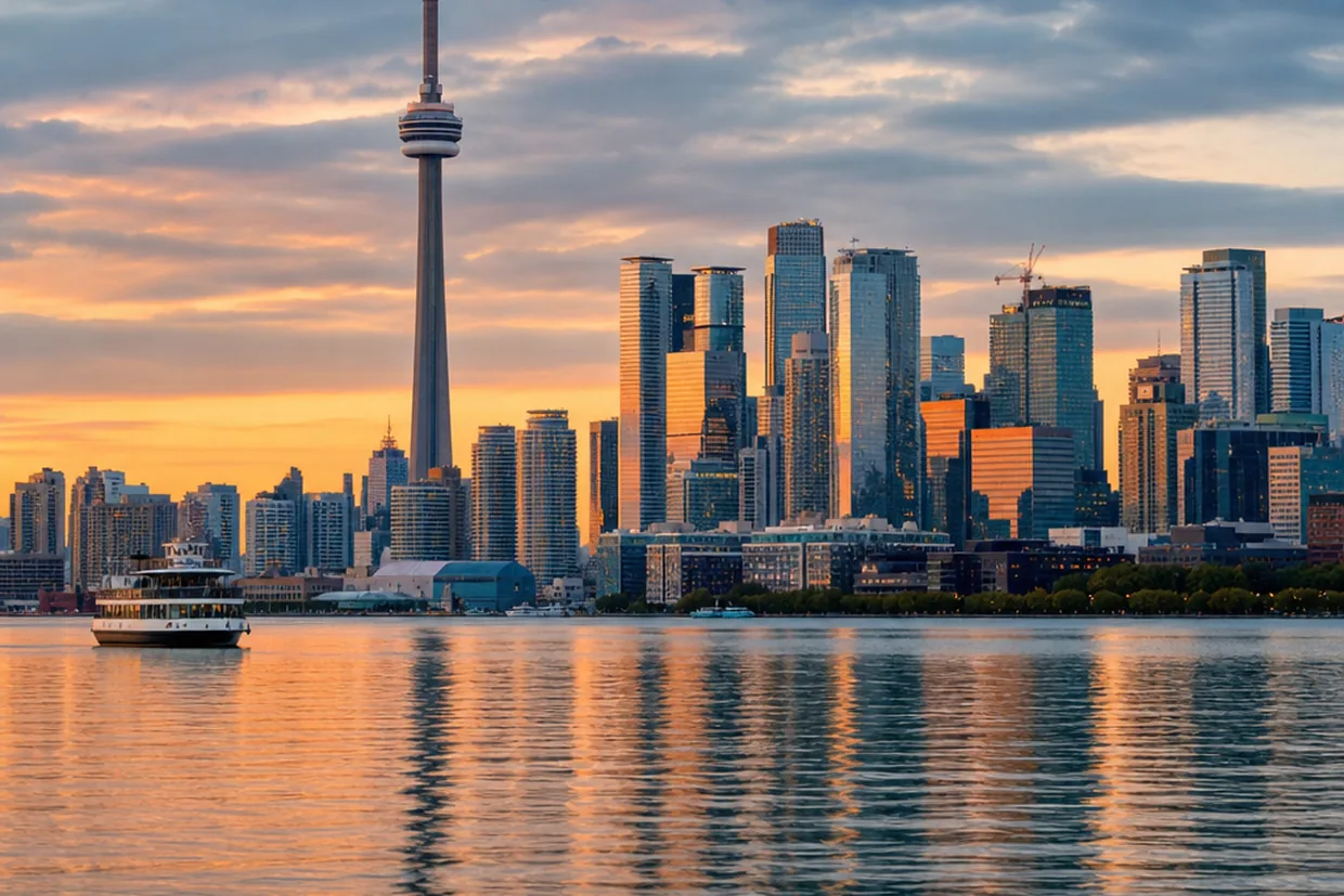 The Toronto skyline with the CN Tower rising above the waterfront, reflected in the calm surface of Lake Ontario at dusk.