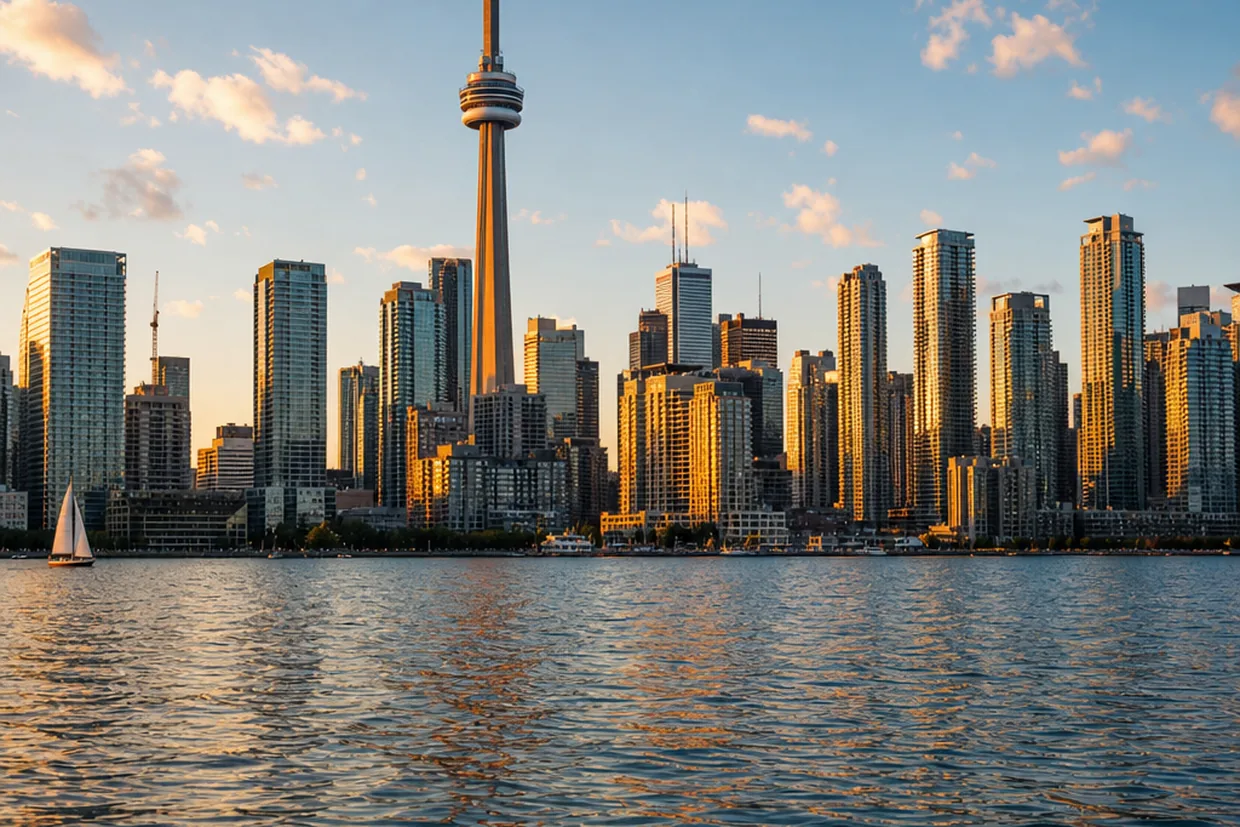 Toronto's downtown skyline reflected in calm Lake Ontario at golden hour, viewed from the harbourfront