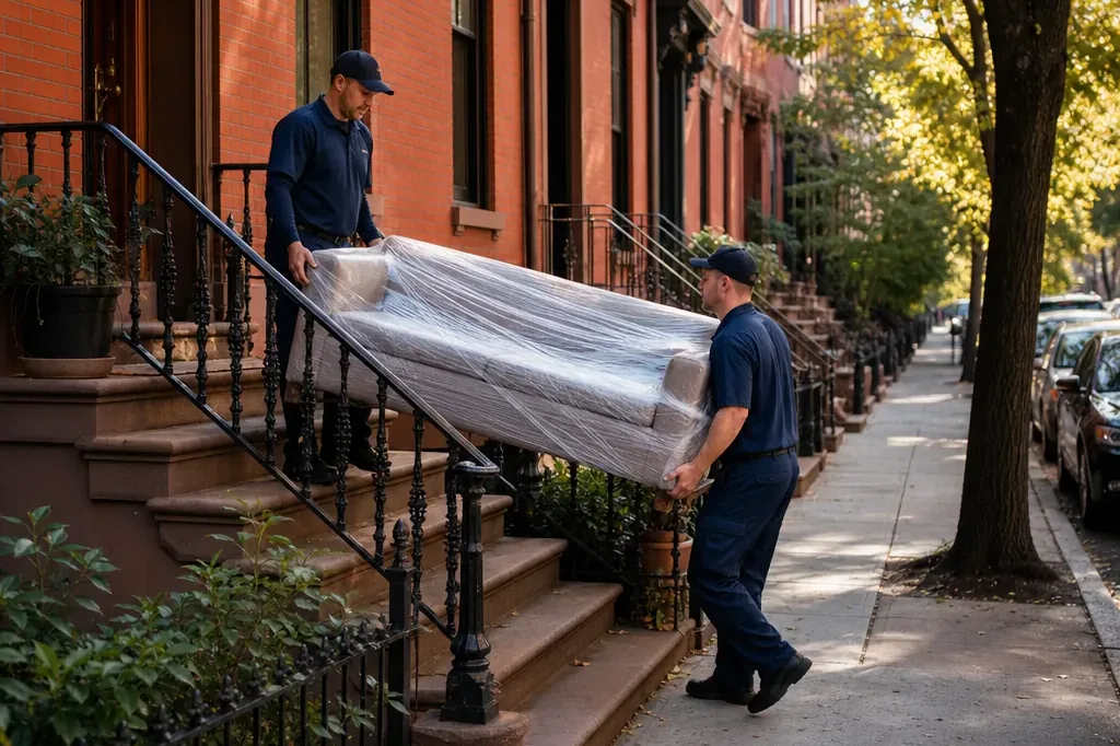 Moving crew navigating a narrow Boston street during a cross-border Massachusetts to Canada move