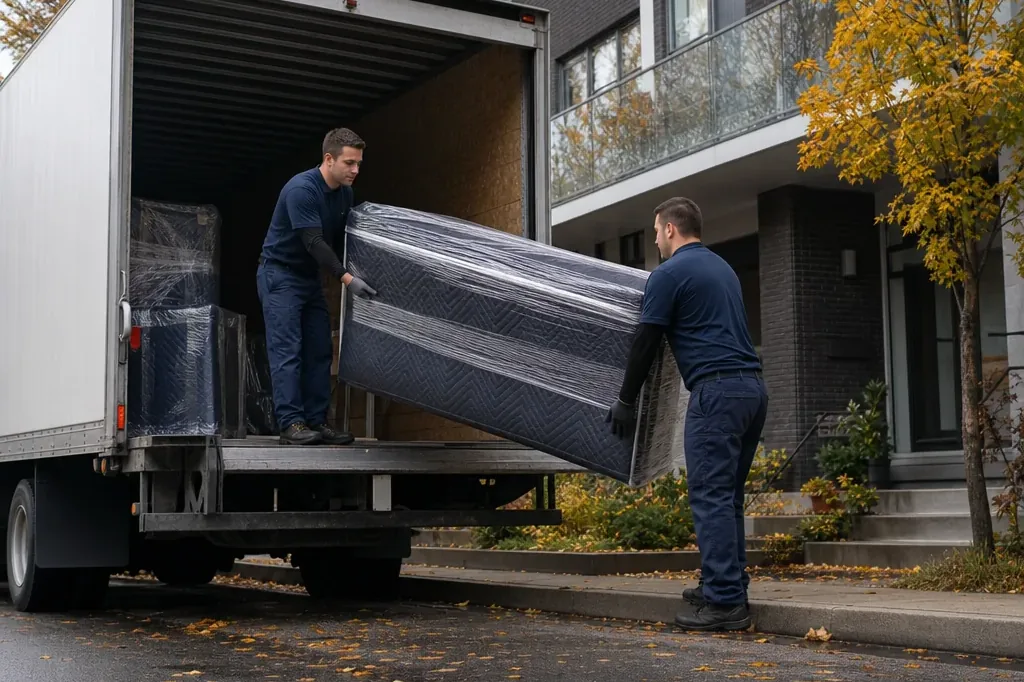 Motion Transport crew delivering household goods to a Montreal address after a Massachusetts to Canada move
