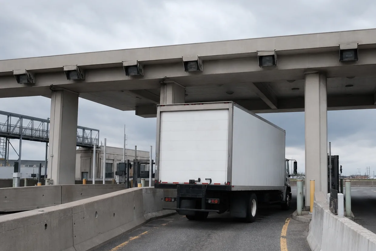 Concrete border-crossing booths and inspection lanes on a grey overcast day at the Quebec-New York boundary.