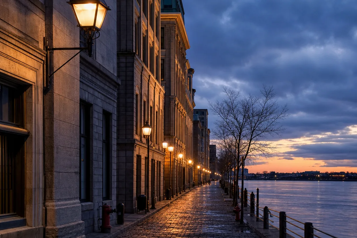 The stone warehouse facades of Old Montreal facing the St. Lawrence River at dusk, familiar skyline of the city's historic