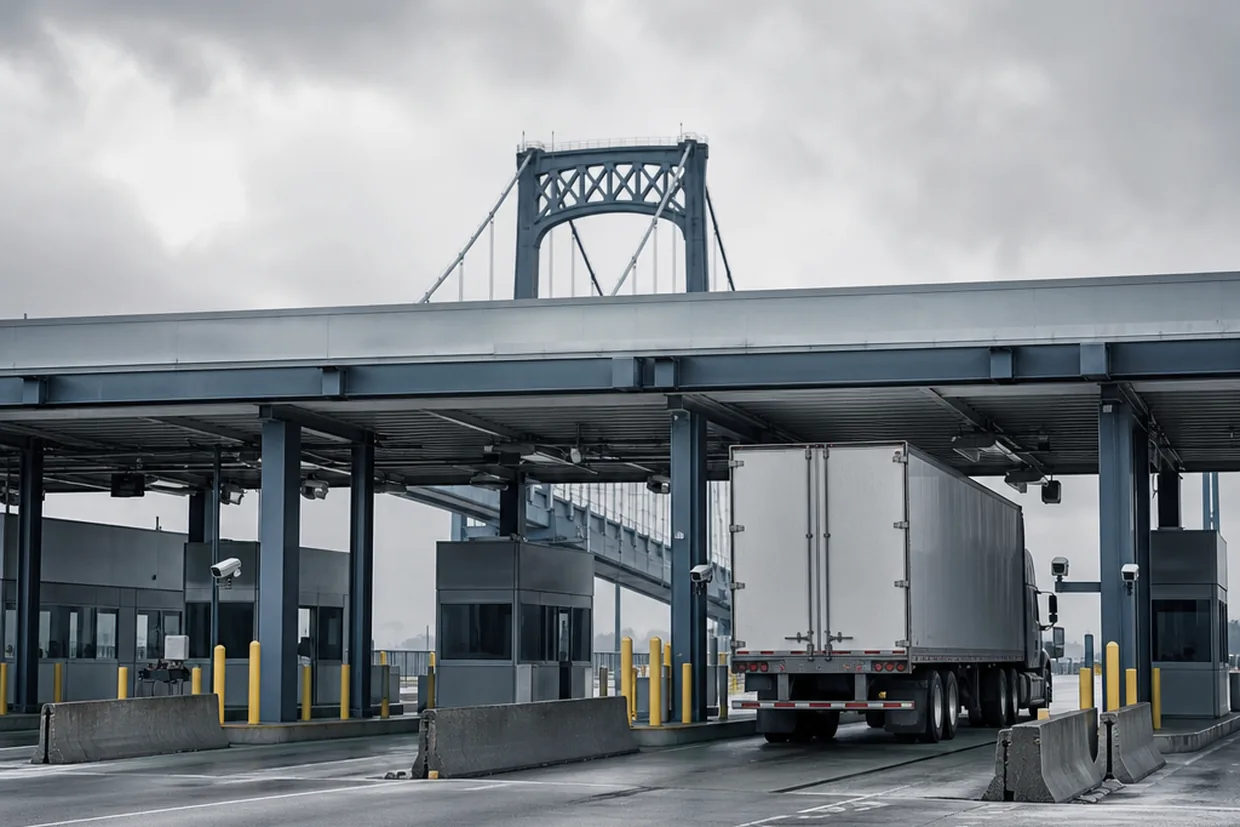 A busy land-border crossing plaza with inspection booths and a suspension bridge arch visible against a grey overcast sky