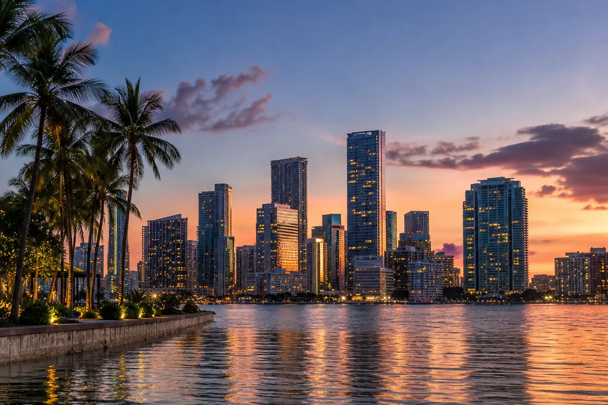 The glittering towers of downtown Miami reflected in the calm waters of Biscayne Bay at dusk, palm fronds in the foreground