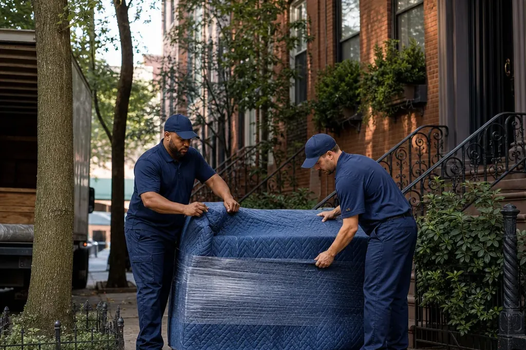 Professional movers wrapping furniture outside a New Jersey townhouse during a cross-border move