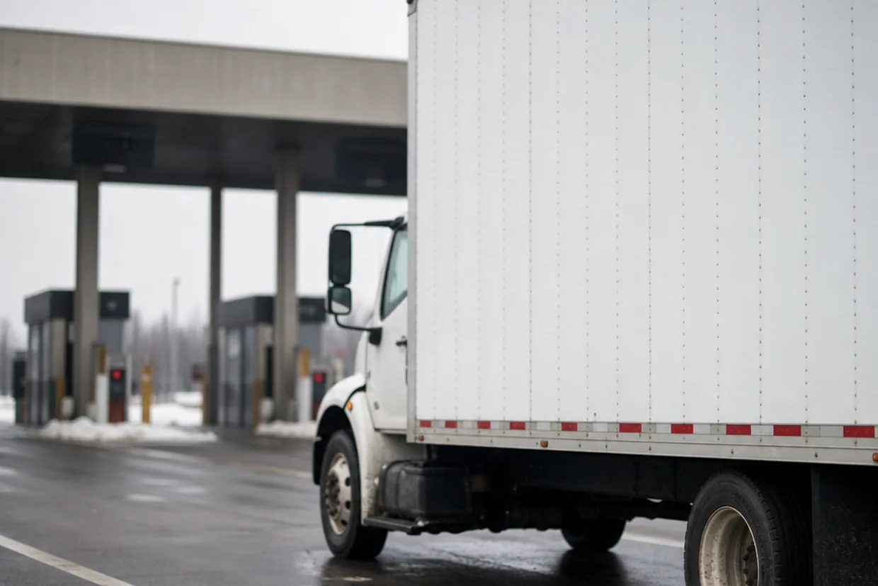 An unmarked moving truck waits in a quiet border plaza queue under flat winter light on a New York-Canada crossing.
