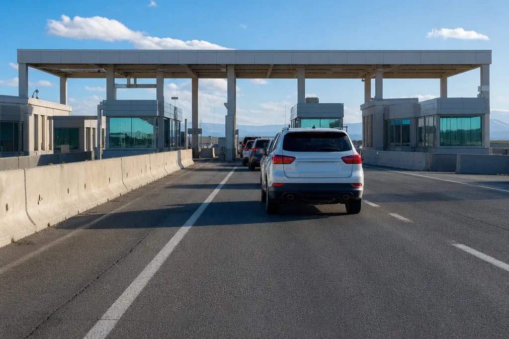Vehicle lanes approaching a US-Canada land border crossing on the New York to Montreal route