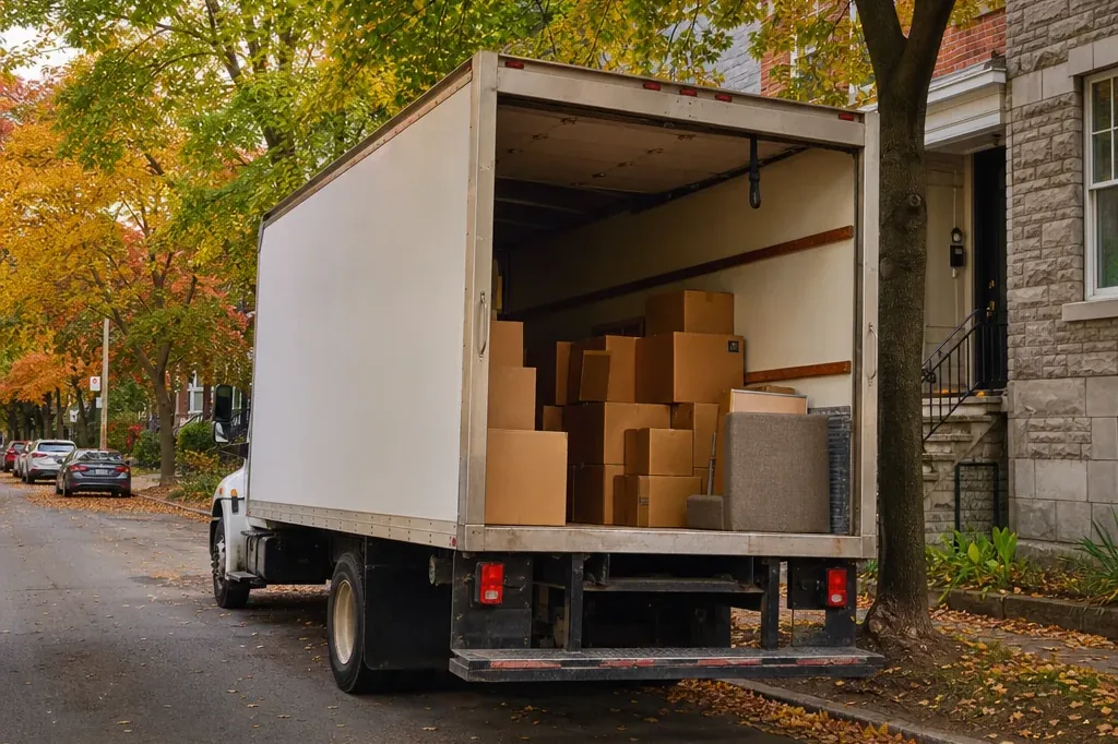Moving truck making a delivery on a residential Montreal street during a cross-border move from New York