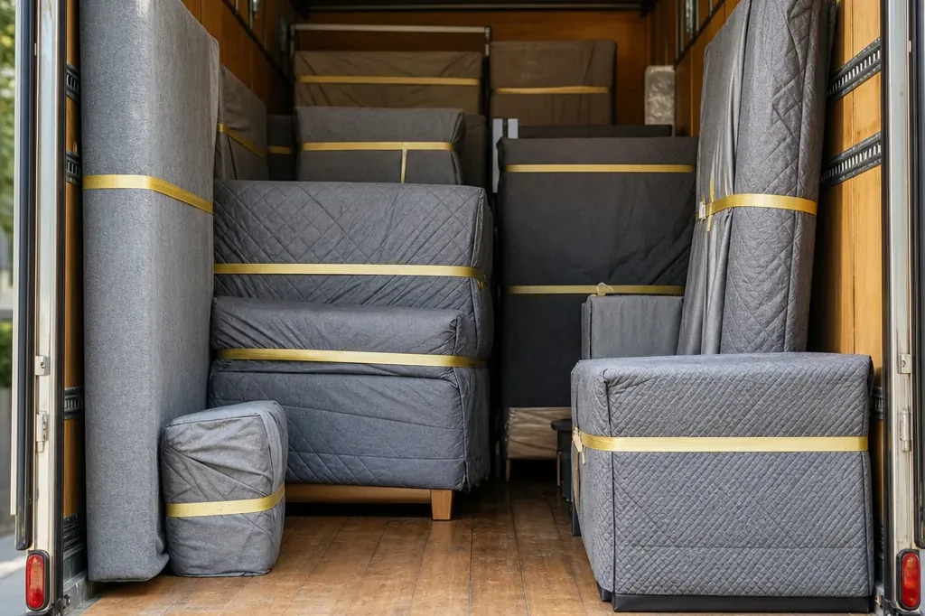 Securely packed moving truck interior showing blanket-wrapped furniture for a New York to Toronto cross-border shipment