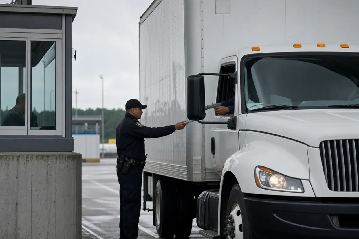 A plain unmarked moving truck waits in a calm border-crossing lane between the United States and Canada on an overcast