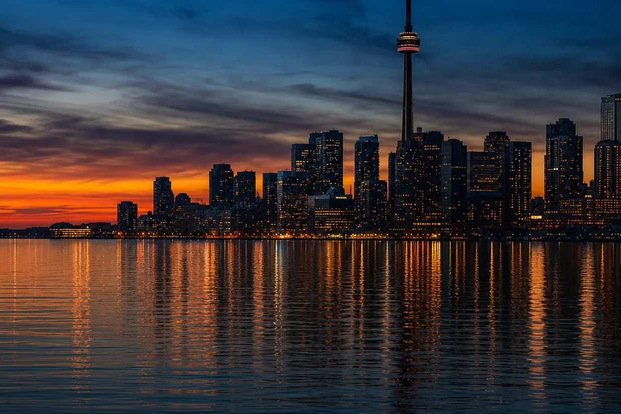 The Toronto skyline with the CN Tower reflected in Lake Ontario at blue hour, destination city for movers arriving from North