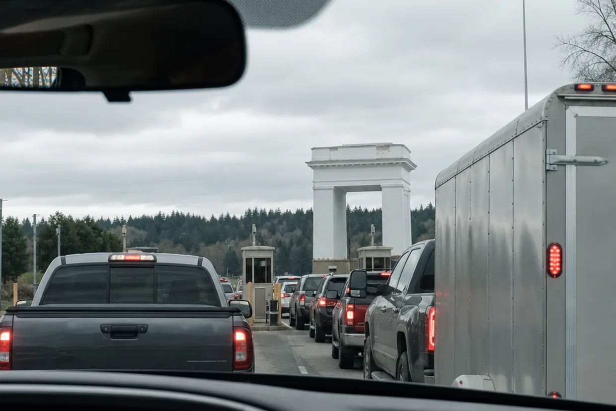 A line of vehicles waiting at the Peace Arch land border crossing between Washington State and British Columbia on a grey