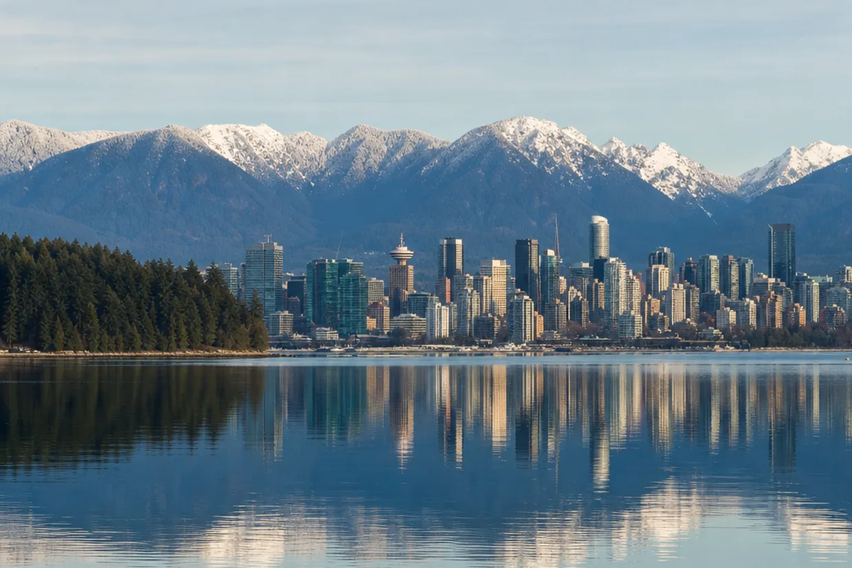 Vancouver BC's glass-tower skyline reflected in the calm water of Burrard Inlet with the Coast Mountains rising behind it