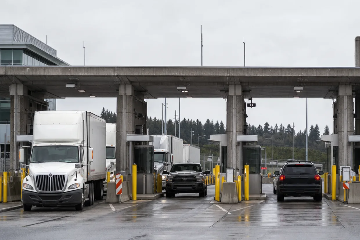 Documentary view of a busy Canada-US land border plaza in overcast light, heavy transport trucks queued in dedicated