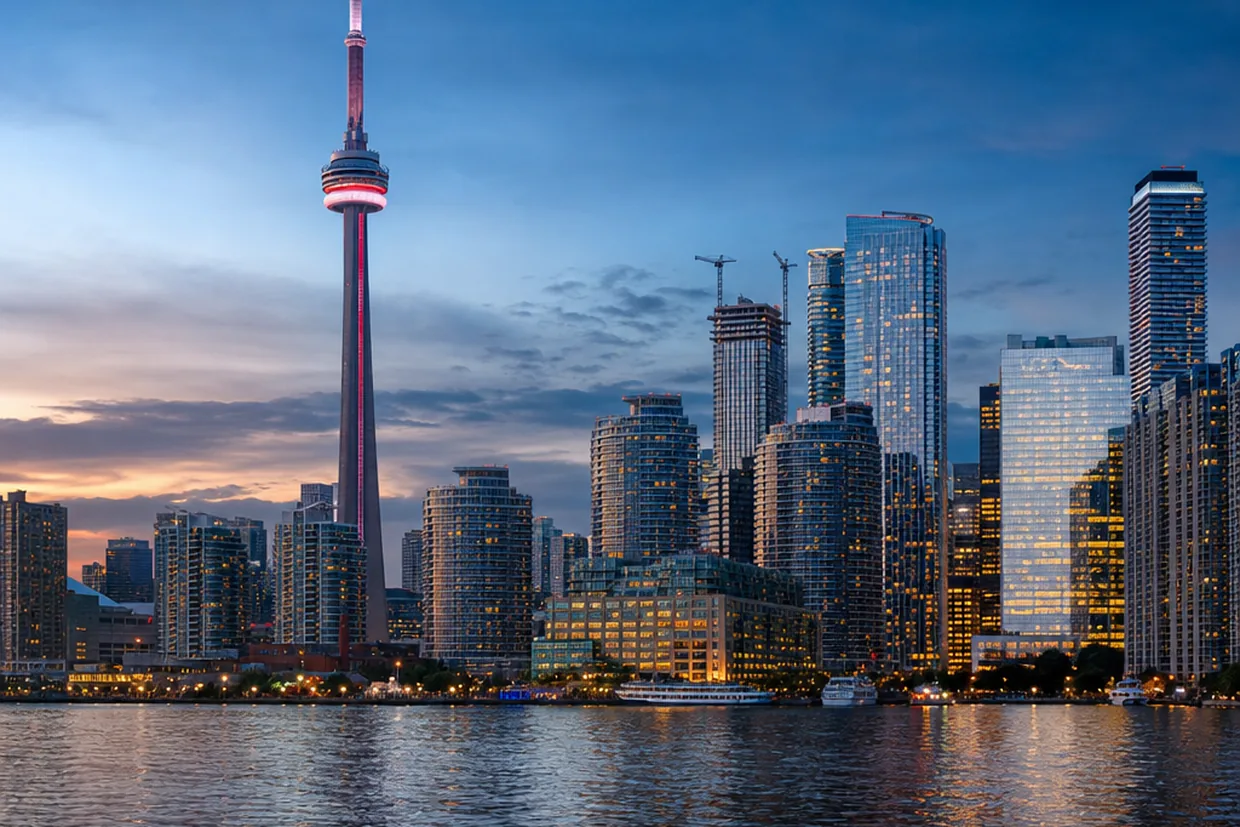 Toronto's lakefront skyline at dusk with the CN Tower rising above a cluster of glass towers reflected in Lake Ontario's calm
