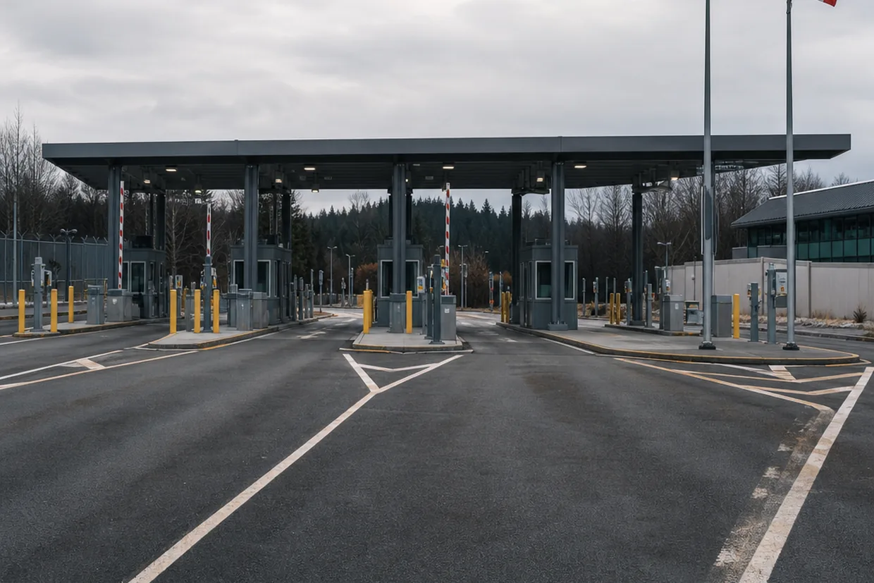 A quiet land border crossing at the Canada-US frontier on a grey overcast day, inspection booths visible, no vehicles