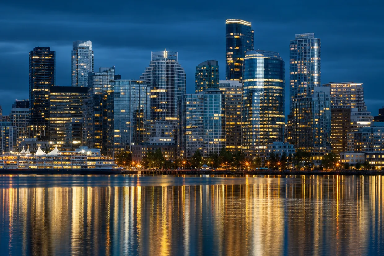 A wide waterfront view of a major Canadian city skyline reflected in calm harbour water at blue hour, towers rising against a