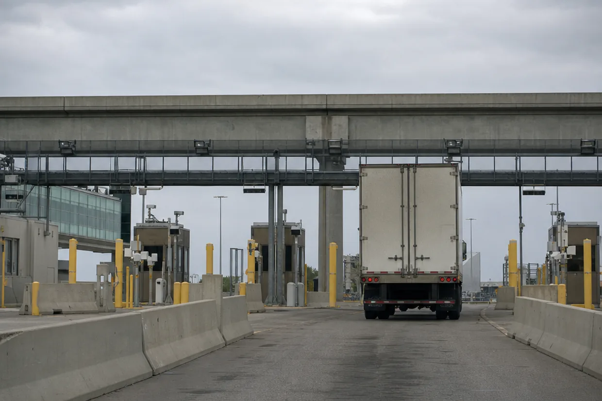 A busy Canada-U.S. land border crossing showing inspection lanes and overpass infrastructure on an overcast afternoon
