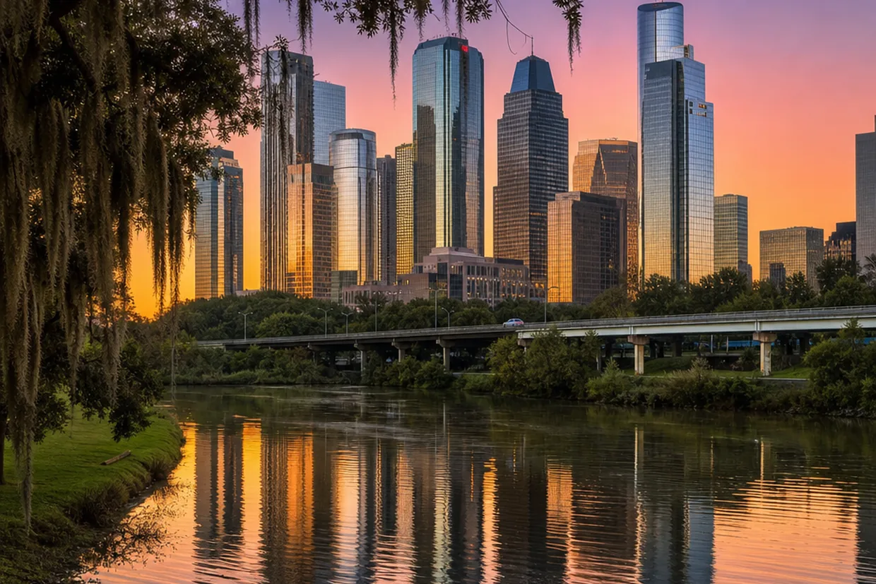 The Houston downtown skyline glowing at dusk above still water, a recognisable landmark for anyone moving to Texas